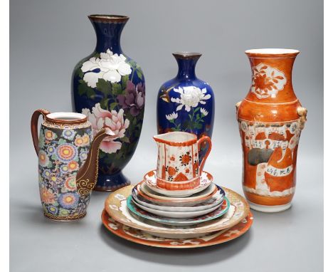A mixed group of Japanese cloisonné enamel vases and porcelain vases and plates