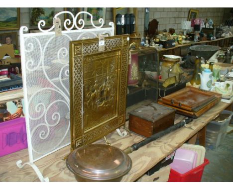A Wirework firescreen, 3 others, a copper warming pan, pine box and assorted trays.