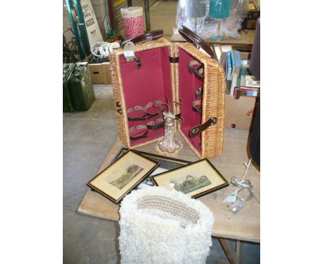 A Wicker picnic basket, two coloured prints, one other a jewellery mannequin  and a hearth rug. (6)