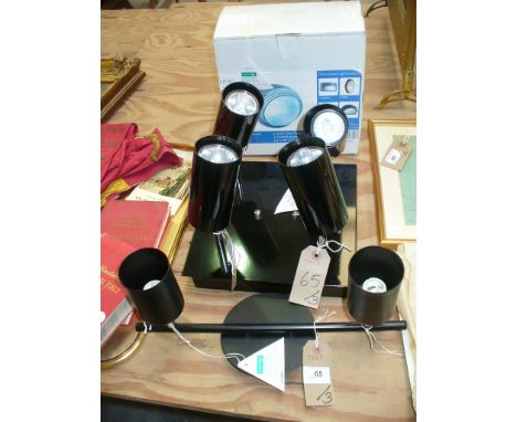 A Black metal ceiling light fitting with four adjustable spot lamps and a twin lamp spot bar. (2)  ( 7044 - 4BK , Bk 2 lg )


