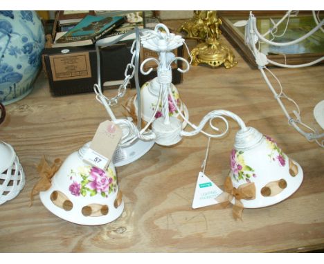 A Painted metal three branch ceiling light fitting with ceramic rose pattern light shades. ( 3LT CR )

