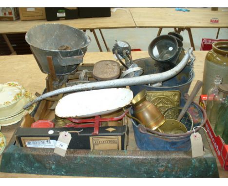 Assorted metal ware, vintage Avery shop scales, skellet, trap lamp, wall light fittings, brass ware ,etc.