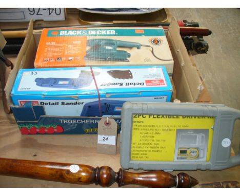 A Boxed Challenge electric sander, a flexible driver set and a boxed B & D electric sander. (3)