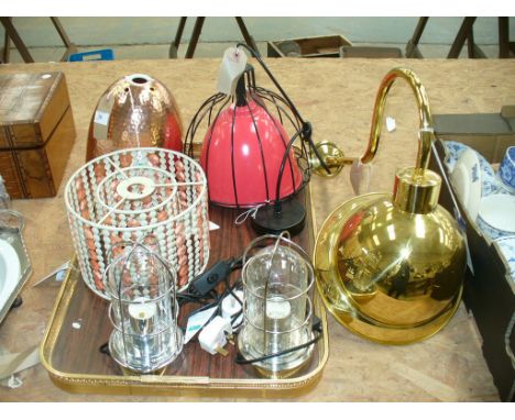  A hanging pendant light with a black wire work cage and a pair of chromed domed glass table lamps with chromed cages , a ham