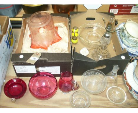 A Cut glass table lamp, a Victorian cranberry glass lamp shade, a cranberry glass jug and dish  and a ruby glass dish and cov