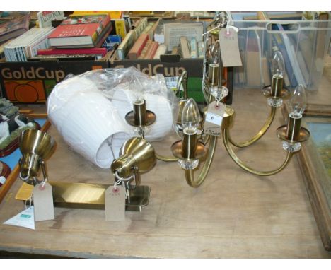 A Hanging brushed metal five branch ceiling fitting c/w shades (AB/WH ) and a brushed metal twin spot light bar.

