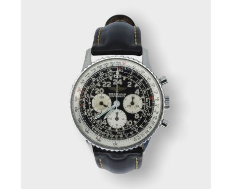 Breitling, Cosmonaute Eleganter Edelstahl-Chronograph, Gehäusenummer „81600 B“. Schwarzes Ziffernblatt mit Totalisatoren, Rec