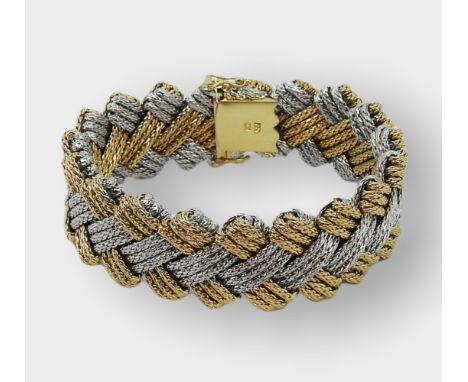 Imposantes Juweliersarmband 18 K Gold, bicolor, gestempelt und mit Juweliermarke „AK“ versehen. Massiv gearbeitetes Armband a