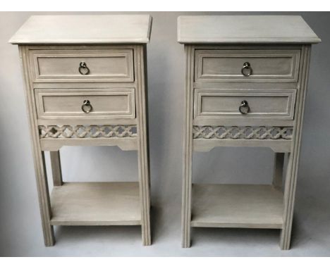 BEDISDE/LAMP TABLES, a pair, Louis XVI style grey painted each with two drawers and reeded supports, 42cm x 75cm H x 29cm. (2