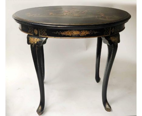 CARD TABLE, early 20th century lacquered and gilt Chinoiserie decorated with oval lifting top revealing baize and counter wel