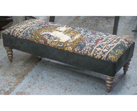 HEARTH STOOL, tapestry style unicorn design and grey velvet upholstered, 35cm H x 117cm x 47cm. 