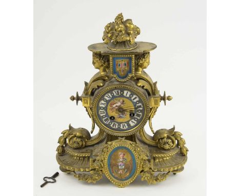 MANTEL CLOCK, Napoleon III gilt bronze, circa 1855, with painted face and Sèvres style porcelain plaques, bell striking movem