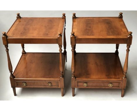 ETAGERES/LAMP TABLES, a pair, Georgian design yewwood, each with drawer and undertier. (2) 