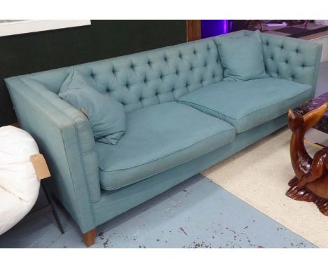 TETRAD BATTERSEA SOFA, aquamarine fabric with two seat and scatter cushions, 230cm x 90cm D. (slight faults, discoloration) 