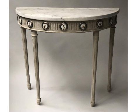 CONSOLE TABLE, demi lune French 19th century style, traditionally grey painted, fluted and enamel plaque mounted with marble 