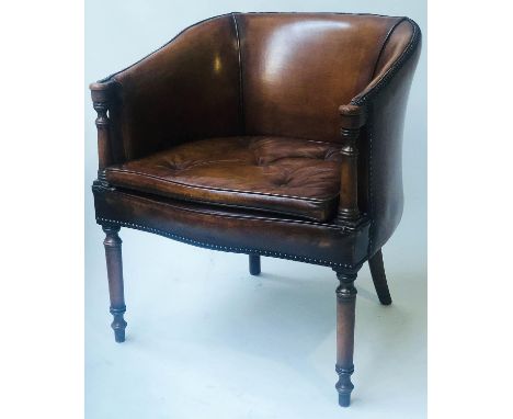 LIBRARY/DESK ARMCHAIR, George III design hand dyed and brass studded leaf brown leather with button cushion seat, 65cm W. 