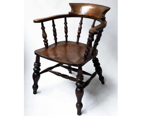 SMOKERS BOW ARMCHAIR, 19th century English ash and elm with bowed back, shaped seat and turned supports, 64cm W. 