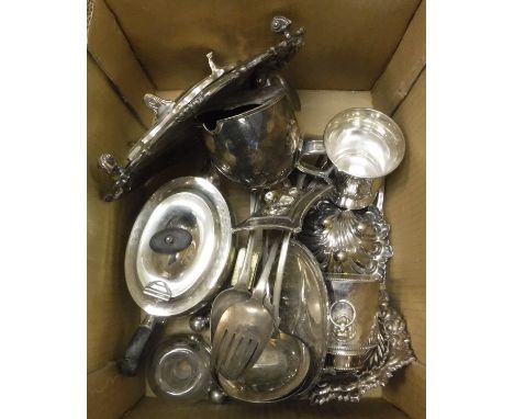 A box containing various plated wares including Walker & Hall teapot, two salvers, two card trays, various dishes, Oldham mug