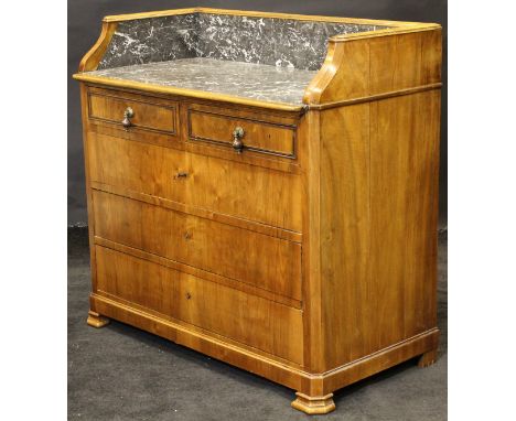 A 19th Century Continental walnut commode or washstand, the three quarter galleried top with white veined grey marble over tw