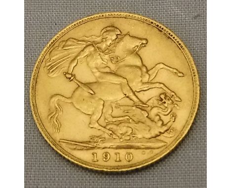 An Edward VII gold sovereign 1910   CONDITION REPORTS  Some light scratches, dark marks, small signs of wear, general signs o