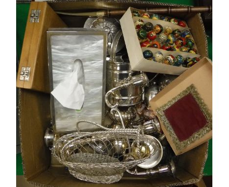 A box containing various white metal and plate wares including watering can, wine bottle holder, butter dish, pair of jugs, v