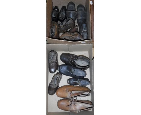 Two boxes containing seven pairs and three individual 18th/19th Century children's shoes/shoe samples