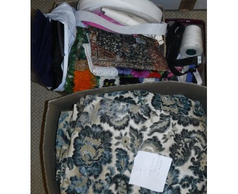 A box containing four various blue velvet curtains of foliate design, together with a box of assorted sewing sundries to incl