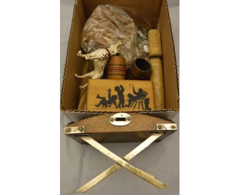 A box containing various objets de vertus including a miniature brass mounted butlers tray and stand, a simulated ivory cover