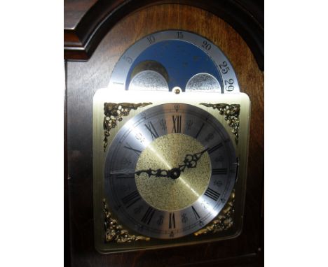 A modern mahogany cased long case clock of small proportions, the movement with moon phase and circular silver chapter ring w