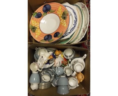 Two boxes of miscellaneous china wares to include a Royal Doulton part tea service decorated with flowers to the interior, an