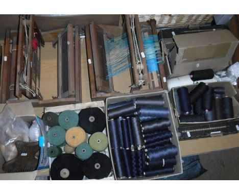 Two Douglas Andrew of Gorton Road, Canterbury looms, together with a box of assorted turned wooden handles and rug weaving to