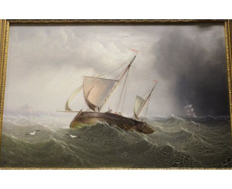 K REDMORE "Shipping in choppy seas with fishermen in foreground", oil on panel signed bottom left   CONDITION REPORTS  Has be