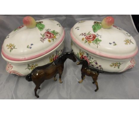 A pair of Spode Marlborough Sprays vegetable tureens and covers, a Spode Stafford Flowers tureen and cover, a Beswick horse f