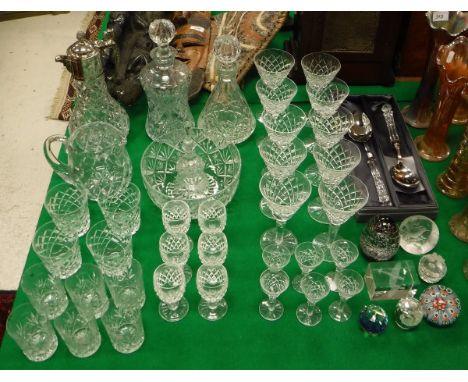 A collection of cut glass ware including ten Waterford Crystal wines, six Waterford liqueur glasses, six Waterford port glass