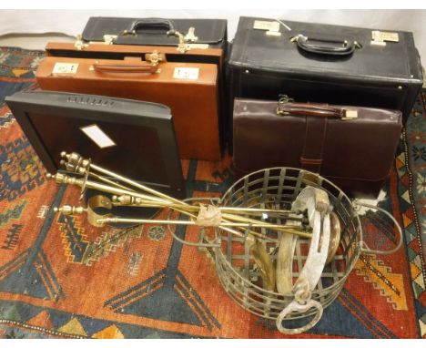 Four various briefcases, an LG colour television, a brass fireside companion set, metal basket and a set of scales