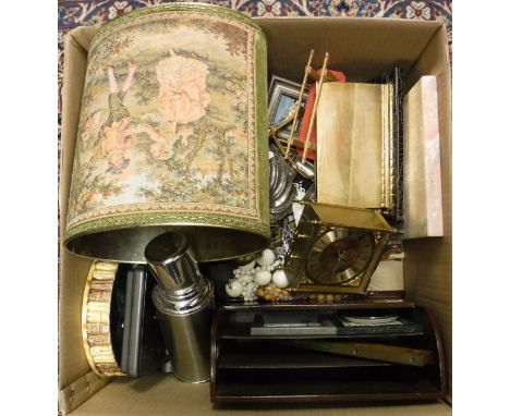 Two box with contents of miscellaneous items to include brass carriage clock by Estyma, cocktail shaker, decorative ornaments