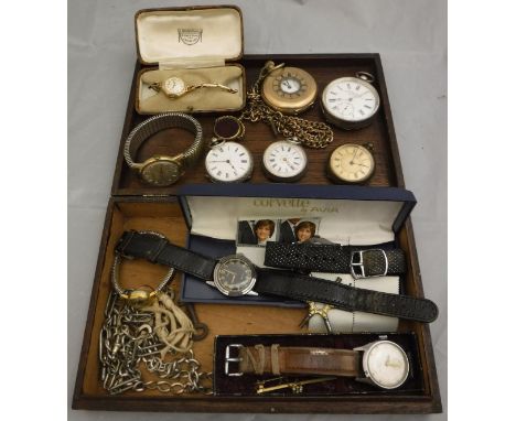 A box of various watches to include a gold plated half hunter, ACME Lever .935 silver cased pocket watch, gold plated watch c