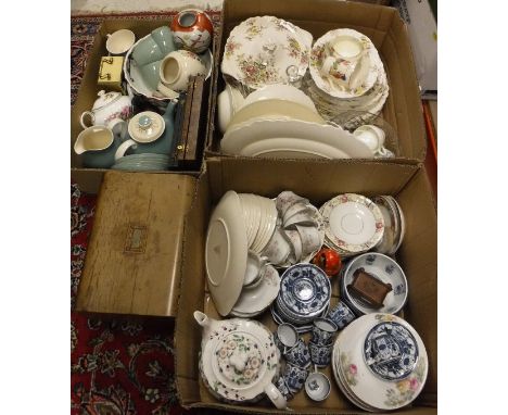Three boxes of mixed china wares to include a Royal Doulton part tea service, a Ducal part dinner service with tureens and pr