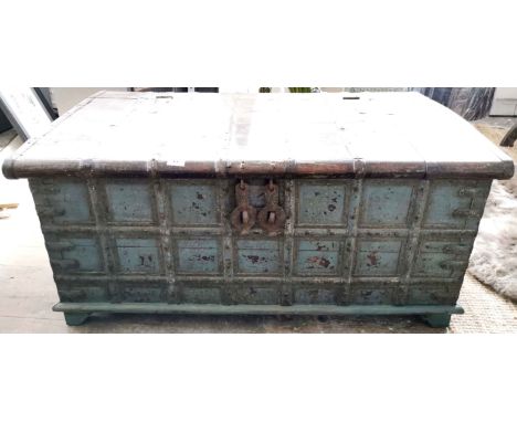 An iron bound heavy Indian hardwood trunk, 111cm x 64cm x 51cm.