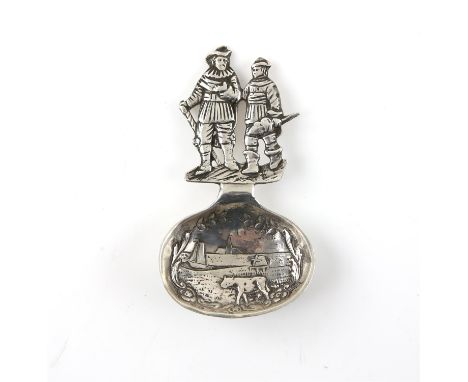 Silver caddy spoon with handle in form of 2 men possibly soldiers import London 1930