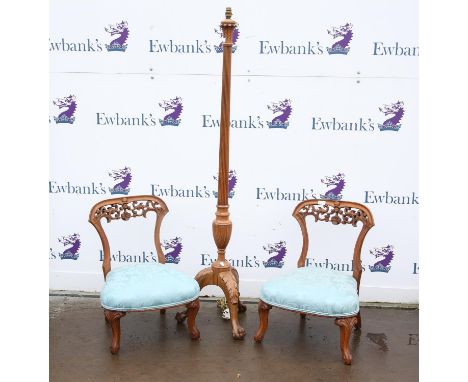 Pair of Victorian walnut 'crinoline' chairs, with scroll and floral carved top rails, overstuffed seats and short scroll carv