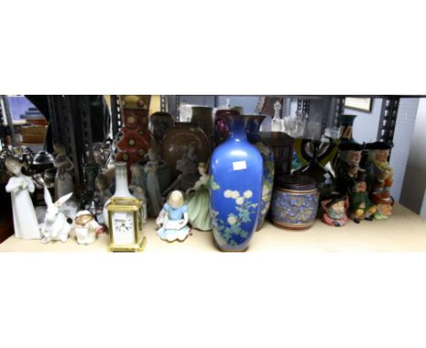 Pair of Japanese cloisonne vases, modern Chinese vases, Lladro and Royal Doulton figures, carriage clock etc.,