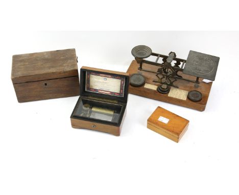 Early 20th century Swiss key wound cylinder music box playing three airs, letter scales, writing slope, stamp box and tea cad