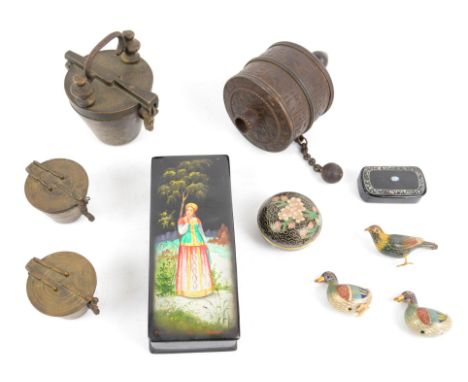 Three sets of Indian nesting weights, Tibetan prayer wheel, cloisonné box , three cloisonné birds, Russian lacquer box and a 