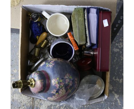 Quantity of plated mugs, a tin of coins, a lamp and other Bric a Brac