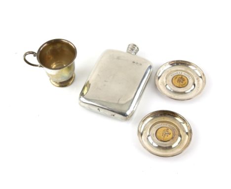 Silver cup/mug Birmingham 1940, large plated hip flask and a pair of pin dishes