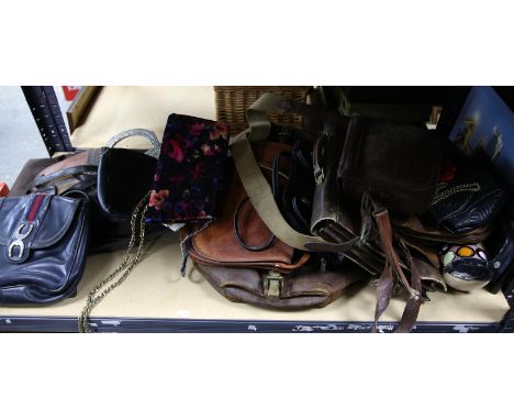 Collection of bags to include a leather Gladstone bag, Gucci navy handbag, and beaded evening bags