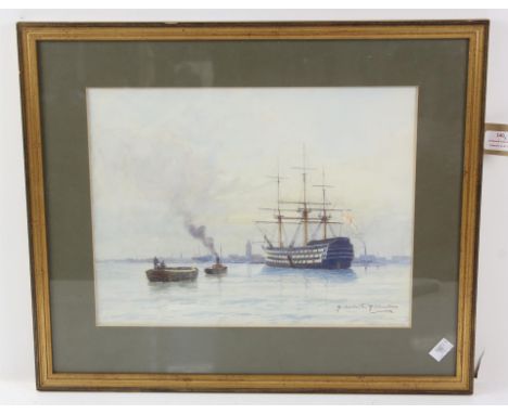 C. 1900 British School, seascape with H. M. S. Victory to foreground. Watercolour. Signed indistinctly lower right. Framed an