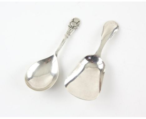 Thistle topped silver caddy spoon and another silver Dutch caddy spoon Condition Report:  Thistle spoon marked for Birmingham
