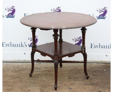 Early 20th century walnut window table, the circular top on fluted supports joined by a shelf, on carved cabriole legs, H74 8